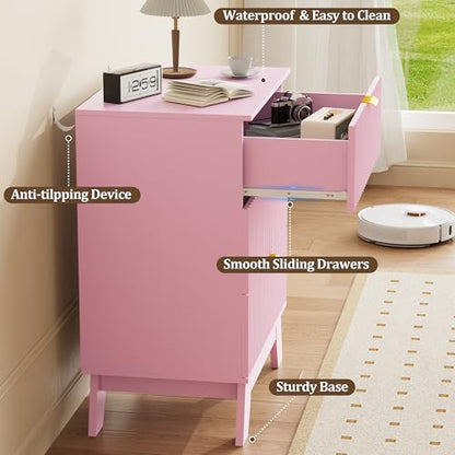 Fluted Nightstand with 3 Large Drawers, Wooden Side End Table with Elevated Legs for Easy Cleaning, Sturdy Modern Beside Table for Small Space, Bedroom, Pink, 24" L - color: Pink