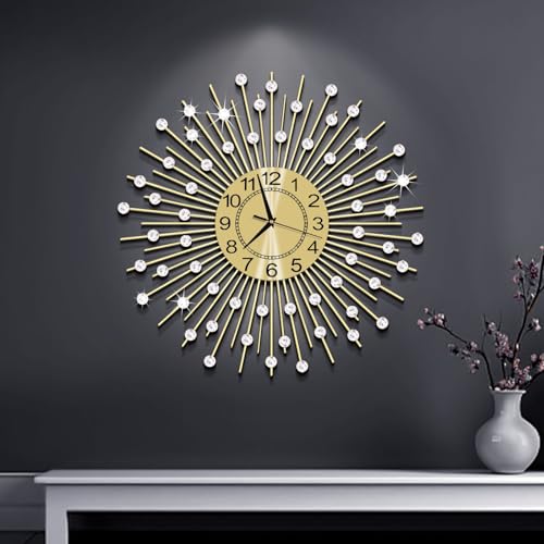 24 Inch Crystal Large Modern Metal Starburst Decor, Bling Crystal Wall Clock for Kitchen Office Bedroom Living Room Decorative - color: Gold ~24.0 Inch