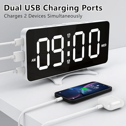 Digital Alarm Clock for Bedroom, Mirror LED Display Bedside Clock with Adjustable Brightness, Dual Alarm & Snooze for Heavy Sleepers, USB Powered Desk Clock for Nightstand, Home & Dorm