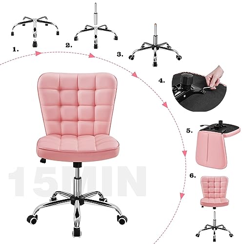Yaheetech Pink Tufted Armless Office Desk Chair with Wheels, Faux Leather | Thick foam cushioned seat tilts back to relax, lifts 18-22 in, spins 360 degrees, holds 300 lb, and assembles with ease. - color: Pink