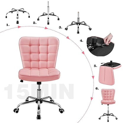 Yaheetech Pink Tufted Armless Office Desk Chair with Wheels, Faux Leather | Thick foam cushioned seat tilts back to relax, lifts 18-22 in, spins 360 degrees, holds 300 lb, and assembles with ease. - color: Pink