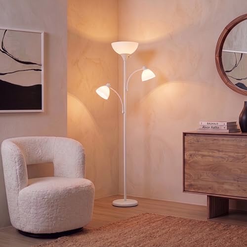 Brightech Sky Dome Double – High Brightness Torchiere Floor Lamp with 2 Reading Lights for Living Rooms, Bedrooms – Replace Halogen Standing Lamps with Efficient LED Office Lighting - Tall White Pole - color: White