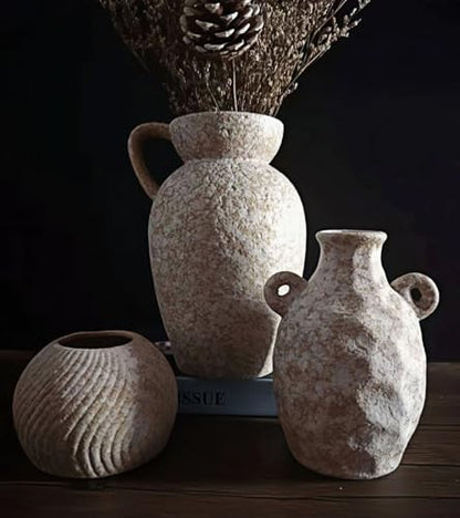 Medieval Minimalist Romantic Style Vase Set of 3，Ceramic Flower Vases Decor for Home Table Shelf Living Room Bed Room Kitchen Office Gift-Beige