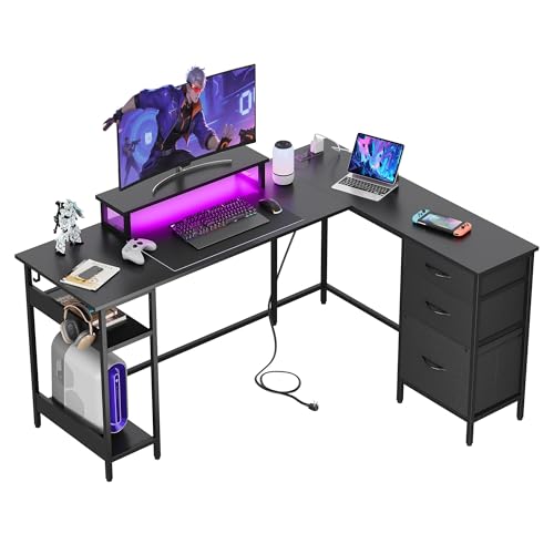 DEVAISE 60 Inch L Shaped Gaming Desk with Drawers and Storage, Corner Desk with LED Lights, Power Outlets, Computer Desk with Monitor Stand, Office Desk for Home, Black - color: Black, size: 60 Inch with Drawers
