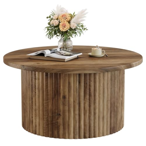 Tribesigns Round Coffee Table, 31.5" Farmhouse Circle Center Table with Fluted Drum Base & Wooden Grain Veneer Top, Modern Wooden Accent Cocktail Table for Small Space, Living Room, Apartment