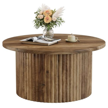 Tribesigns Round Coffee Table, 31.5" Farmhouse Circle Center Table with Fluted Drum Base & Wooden Grain Veneer Top, Modern Wooden Accent Cocktail Table for Small Space, Living Room, Apartment