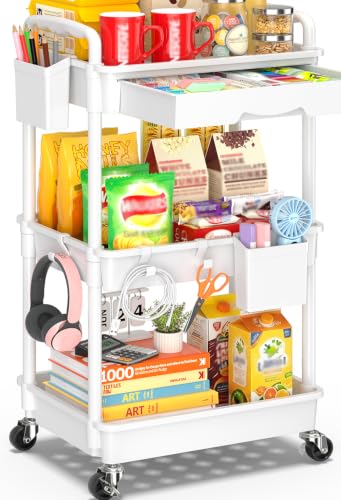 SUNALLY 3 Tier Rolling Cart with Drawer, Craft Storage Cart Organizer,White | Bathroom Storage Organizer with 2 Lockable Wheels, Rolling Utility Cart for Kitchen, Office, Baby, Makeup, Nail,Snack,Laundry - color: White, size: 3 Tier