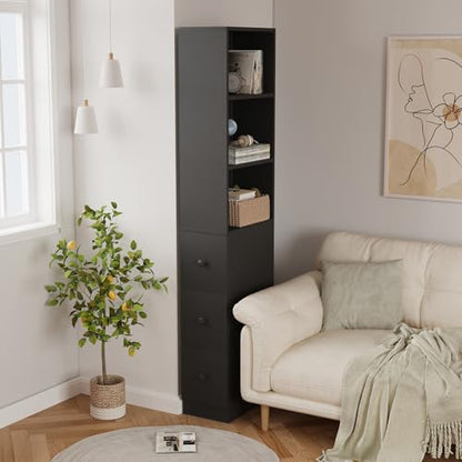 ARTETHYS Tall Narrow Free Standing Bathroom Storage Cabinet Set of 2, Black | 3-Level Adjustable Shelves, Home - Space Saver for Living Room Kitchen, 3 Drawers - color: Black Set of 2