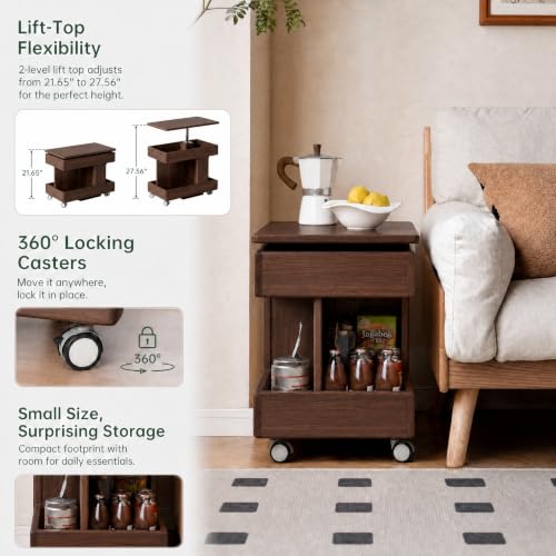 Small Lift Top Coffee Table with Wheels, Solid Wood Table with Storage | Lift top coffee table with hidden storage, rotating tabletop and wheels, designed for small spaces with no assembly required. - color: Walnut
