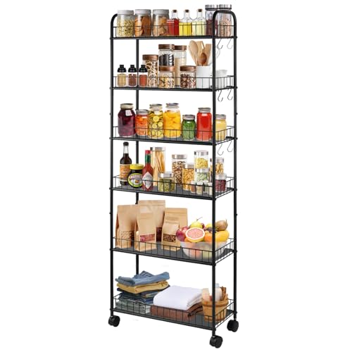 6-Tier Slim Rolling Storage Cart with Wheels Storage Carts Metal Utility Organizer, Narrow Mobile Shelving Unit for Kitchen, Bathroom, Laundry, Office (10in)