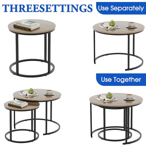 aboxoo Coffee Table Nesting Side Round Table Set of 2 End Table with Sturdy Metal Frame for Living Room Bedroom Apartment Modern Industrial Simple Nightstand,Oak - color: Oak
