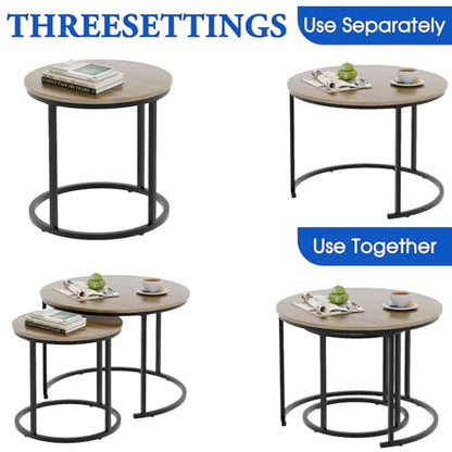 aboxoo Coffee Table Nesting Side Round Table Set of 2 End Table with Sturdy Metal Frame for Living Room Bedroom Apartment Modern Industrial Simple Nightstand,Oak - color: Oak