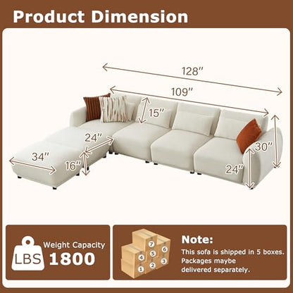 U Shaped Cloud Sectional, Convertible L Shaped Couch with Removable Ottomans,Modular Cloud Couch Sectional for Living Room(4 Set + 2 Ottomans - White) - color: White, size: 4set+2 Ottoman