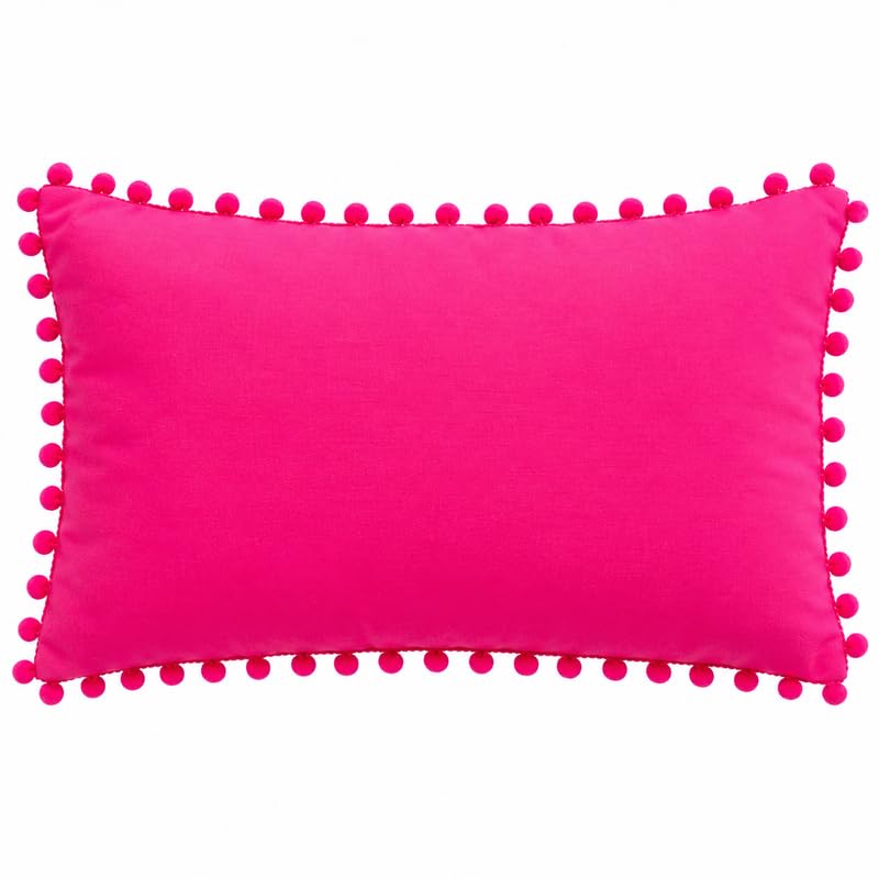WWW.THROWPILLOW.IN Hot Pink Solid Cotton Cushion Cover with Pom Pom Preppy Decorative Throw Pillow Cover for Dorm Room,Feminine Chic Home Decor Accent Rectangular Cushion 14x20 Inches