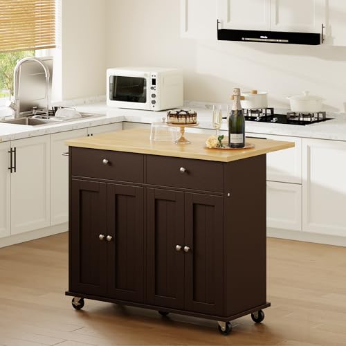 Shintenchi Kitchen Island with Drop Leaf, Rolling Kitchen Cart with Storage on Wheels, Table Bar Cart for Kitchen with Towel Rack & Seating Area for Dining Room, Brown - color: Brown