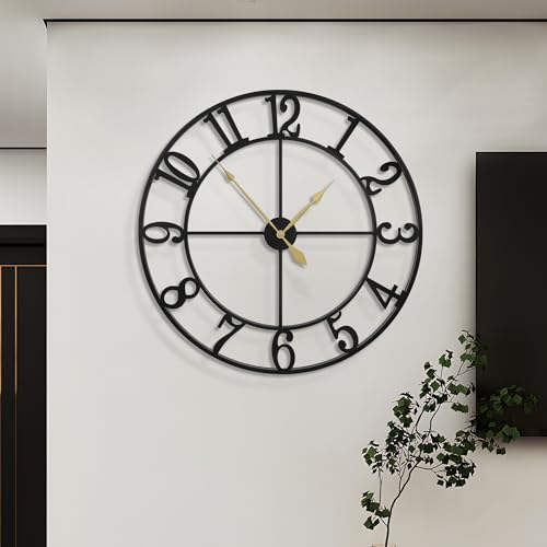 LEIKE Extra Large Wall Clocks,Silent Little Ticking,Battery Operated Vintage Round Modern Metal Wall Clock for Living Room, Bedroom,Farmhouse,Office Home Decor-32 Inch(Black-Arabic Number) - color: Black Metal-arabic Number, size: 32 IN