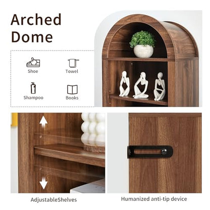 Turtle&Myrtle Tall Narrow Arched Bookshelf, Walnut, 70 x 15.75 inch | Skinny Arch Book Shelf, Slim Open Display Shelves for Small Space, Tall Thin Bookshelf with Adjustable Shelves - color: Walnut, size: 11.8"D x 15.75"W x 71"H