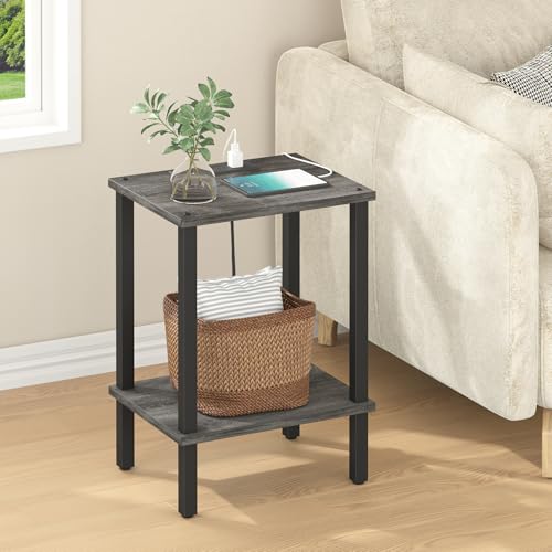 TUTOTAK End Table with Charging Station, Side Table Set of 2, Nightstand | 2-Tier Storage Shelf, Bedside Table with USB Ports, Sofa Table for Small Space, Livingroom, Bedroom Charcoal Grey TB01BY041 - color: Charcoal Grey