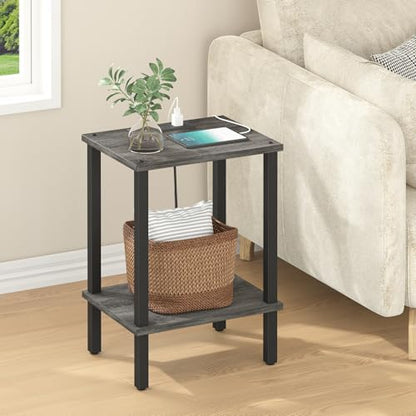 TUTOTAK End Table with Charging Station, Side Table Set of 2, Nightstand | 2-Tier Storage Shelf, Bedside Table with USB Ports, Sofa Table for Small Space, Livingroom, Bedroom Charcoal Grey TB01BY041 - color: Charcoal Grey