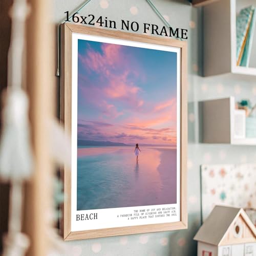 Pink and Blue Coastal Wall Art Cute Preppy Summer Pictures Aesthetic Summer Posters Trendy Beach Pictures Blue Ocean Painting Coastal Cowgirl Artwork Pink Sky Poster for Home Room 16x24inch Frameless - color: C4Unframed