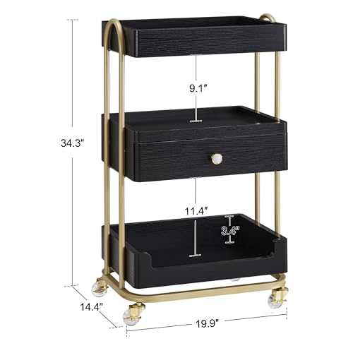BarberPub 3-Tier Salon Trolley Cart with Drawer, Metal Frame Black 2086 - color: Black