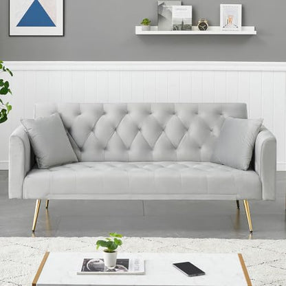 71" Modern Velvet Sofa Bed Futon, Convertible Sleeper Couch, Adj. Backrest | Tufted Recliner Loveseat Design with Golden Chrome Legs & 2 Pillows, Perfect for Small Spaces, Living Room, Apartment - color: Grey