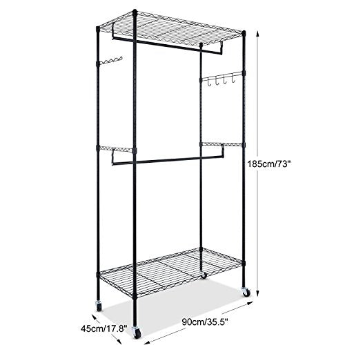 Black Double Rod Garment Rack with Wheels, Clothes Racks Storage for Hanging Clothes Heavy Duty (US STOCK)