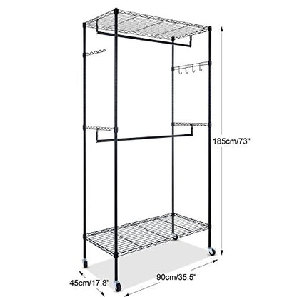 Black Double Rod Garment Rack with Wheels, Clothes Racks Storage for Hanging Clothes Heavy Duty (US STOCK)