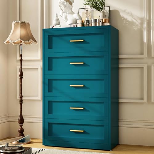 5-Drawer Tall Dresser for Bedroom, Metal Chest of Drawers for Closet Storage, Modern Tall Dresser with 5 Drawers, 31.5" Blue Dressers & Chests for Clothing Storage Organizer - color: Blue, size: 5 Metal Drawers