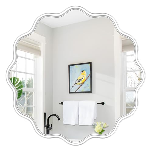 PROHOMEWARE White Round Mirror 28 Inch Wavy Bathroom Vanity Mirror White Frame Modern Wall Mirror Decorative Wall-Mounte Anti-Rust, Tempered Glass - color: White, size: 28"L x 28"W