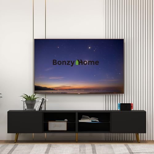Bonzy Home 86" LED TV Stand, Modern Entertainment Center for 75" TV, Black | Long Television Table for TV up to 75" 80" 85", Media Console with Storage Cabinets for Living Room - color: Black