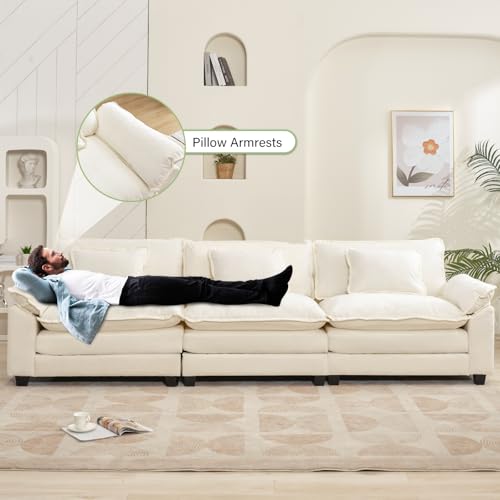 120" Modular Sectional Sofa, Comfy 3 Seater Deep Cloud Couch | Couches for Living Room, Modular Couch, Deep and Wide Seat, Chenille Sofa Sleeper with Throw Pillows, Beige White - color: Beige White, size: 120 Inch