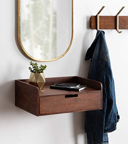Kate and Laurel Kitt Modern Floating Wall Shelf Side Table with Drawer, 18" x 12" x 6.5", Walnut