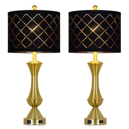 29" Gold Modern Table Lamps Set of 2, 3-Way Dimmable Touch Lamps for Nightstand with USB A+C & Outlets,Brass Lamps for Living Room, Bedroom, Nightstand, Entryway(2 Bulbs Included) - color: Gold-Black Lamp Shade-2Pack