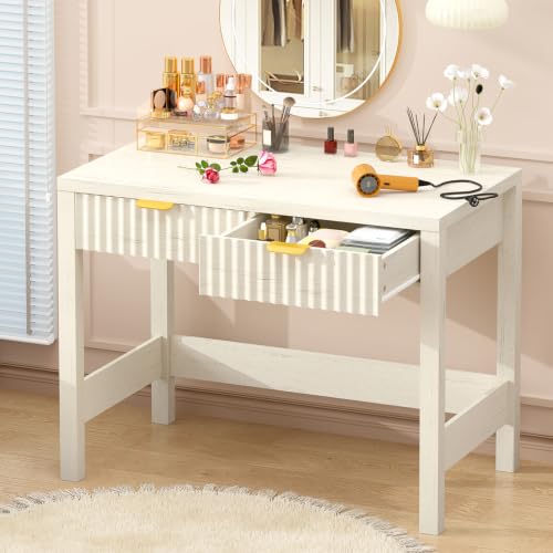 32 Inch Small Fluted Computer Desk with 2 Drawers for Bedroom, Home Office | Small Computer Desk with Storage for Bedroom, Compact Writing Study Desk for Small Spaces, White - color: White, size: 32-Inch Desk