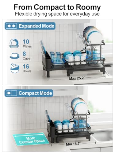 Large Expandable 2 Tier Dish Drying Rack for Kitchen Counter, Black | Extendable Design, 360° Rotating Drain Spout, Stable Screw-Fixed Frame, Rust-Resistant, Cup & Utensil Holder, Tool-Free Setup - color: Black, size: Countertop Expandable (12.6"w X 18.7"