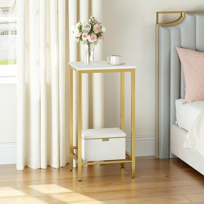 HOOBRO Tall Side Table, Industrial End Telephone Table with Adjustable Mesh Shelves, Small Tall Nightstand for Living Room, Bedroom, Entryway, Office, White and Gold DW03DH01 - color: White + Gold
