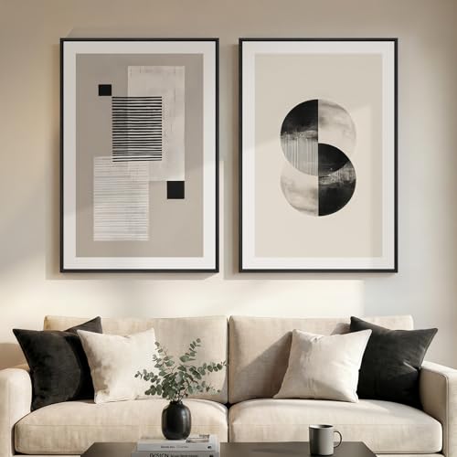 Large Framed Black and White Neutral Abstract Wall Art for Living Room, 2 Piece Modern Canvas Prints Artwork for Walls, Beige Minimalist Geometric Pictures for Bedroom Hallway Wall Decor 24x36 In - color: Black white Geometry, size: 24" W x 36" H x 2Pcs