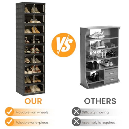 Foldable Shoe Organizer Storage Box, Portable Extra Large Folding Shoe Rack for Closet, Shoe Storage Box with Magnetic Transparent Door and Wheels, 9 Layers 18 Grids - size: Black 9 Layers-A