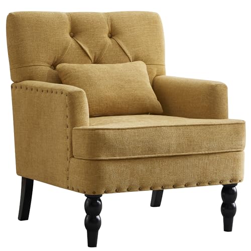 HUIMO Accent Chair, Tufted Upholstered Club Chair, Mustard Yellow | Tufted upholstered club chair with lumbar pillow and solid wood legs. Suitable for living rooms, bedrooms, and reading nooks. - color: Yellow
