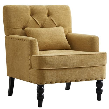 HUIMO Accent Chair, Tufted Upholstered Club Chair, Mustard Yellow | Tufted upholstered club chair with lumbar pillow and solid wood legs. Suitable for living rooms, bedrooms, and reading nooks. - color: Yellow