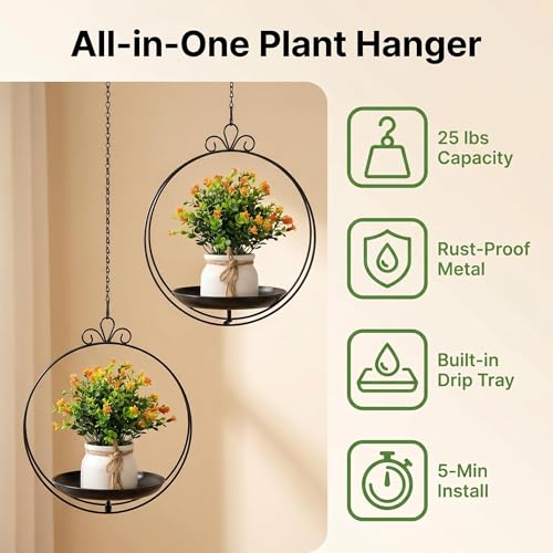Hanging Planter for Indoor Outdoor Plant, Plant Hanger, Hanging Plant Tray | Metal, Wall Ceiling, Window, Plant Hangers Kit with Trays and Chains for Succulents, Pothos, Herbs, Balcony, Patio - style: hanging planter tray