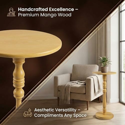 Relso Stambha Solid Wood Drink Table - 24" Tall Round Accent Side Table, Handcrafted Natural Finish, Mango Wood, Perfect for Living Room, Bedroom or Indoor Plant Stand, 12" Compact Top - color: Stambha Natural