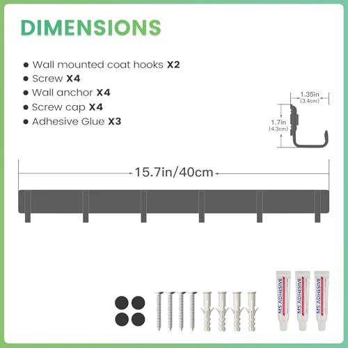 16" Heavy Duty Wall Mount Coat Rack with 6 Hooks, 2-Pack (White) | Strong Glue or Screw Mount，coat hanger for hanging Coats, Hats, Jackets & Bags in Entryway, Bedroom, Bathroom or Closet - color: White - 2 Pack