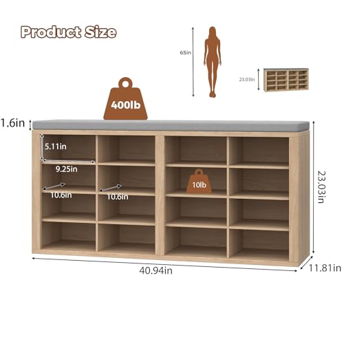 Shoe Storage Bench with Cushion Shoe Rack for Entryway 16 Cubby Multifunctional Organizer Bench Entryway with Soft Sponge Cushion for Hallway Living Room Bedroom (Wood & Light Gray) - color: Wood & Light Gray