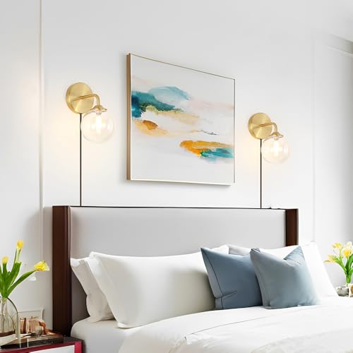 Gold Plug in Wall Sconces Set of 2, Mid Century Plug Sconce with Clear Globe Glass Lampshade, Brushed Art Deco Wall Light Fixture with Plug in Cord for Bedroom Living Room Hallway, G9 Bulbs - color: Gold+Clear