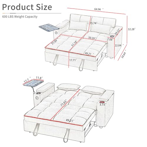 65" Cloud Couch Sleeper Sofa Bed with USB Charging Port & Side Pocket, Chenille Fabric Pull-Out Sofa with Thick Cushions, High Resilience Foam & Pillows for Living Room, Apartment, Small Spaces - color: C-brown
