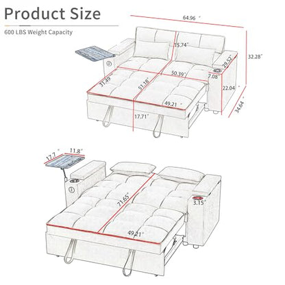 65" Cloud Couch Sleeper Sofa Bed with USB Charging Port & Side Pocket, Chenille Fabric Pull-Out Sofa with Thick Cushions, High Resilience Foam & Pillows for Living Room, Apartment, Small Spaces - color: C-brown