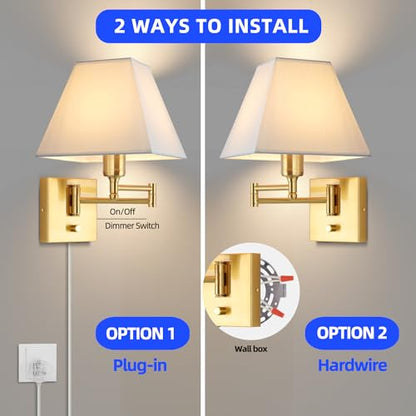 Wall Mounted Lamp Plug in Wall Sconce with Dimmable Switch Swing Arm Wall Lamp Whire Fabric Shade with USB Port Gold Wall Sconce Suitable for Hallway Bedroom Living Room… - color: Gold