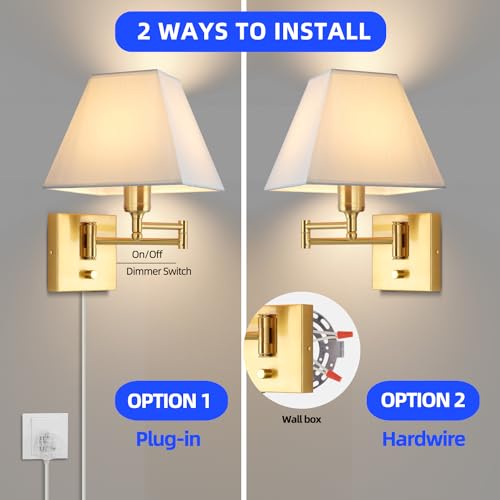 Wall Mounted Lamp Plug in Wall Sconce with Dimmable Switch Swing Arm Wall Lamp Whire Fabric Shade with USB Port Gold Wall Sconce Suitable for Hallway Bedroom Living Room… - color: Gold